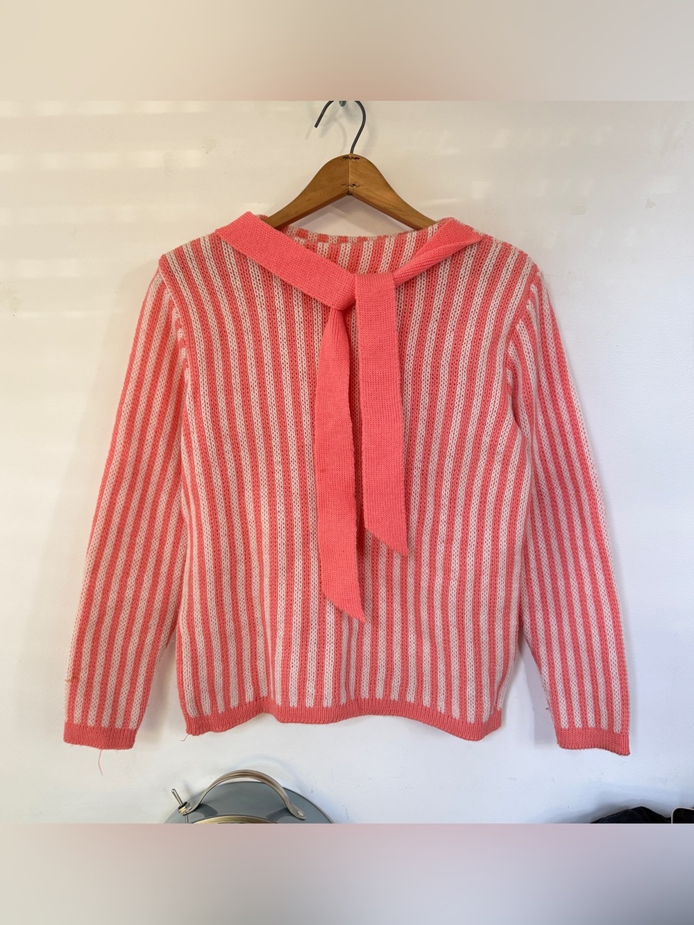 Vintage Bobbie Brooks Coral Pink Striped 100% Wool Tie Neck Sweater 60s 70s